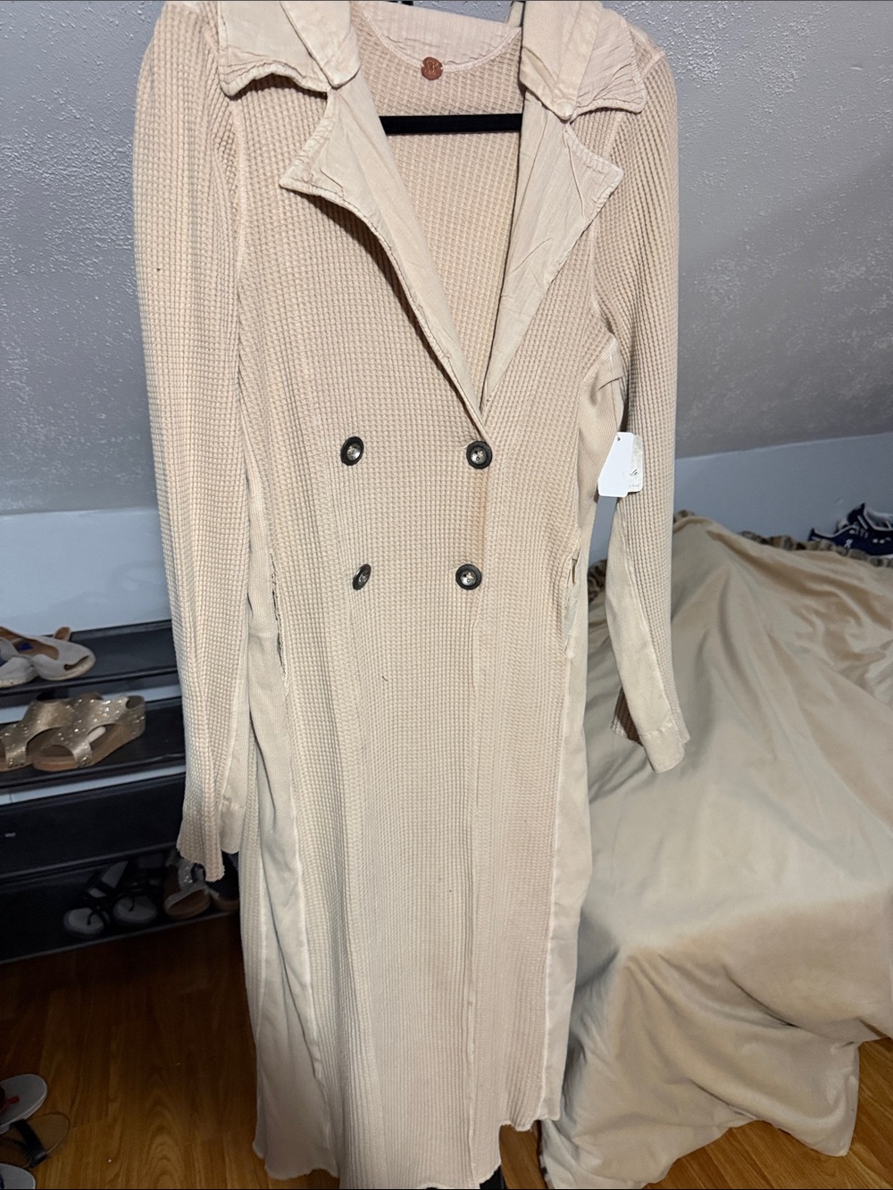 Free People Long Sleeve Knit Trench Dress in Beige